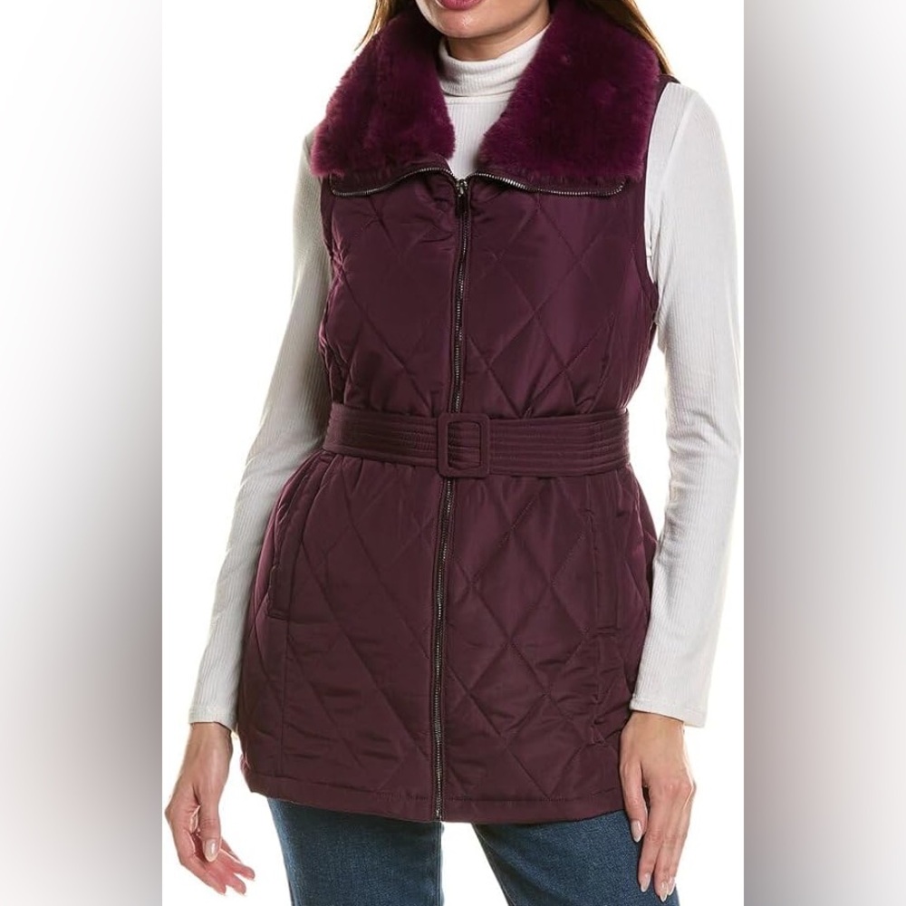 Anne Klein Burgundy Quilted Belted Vest with Faux Fur Collar